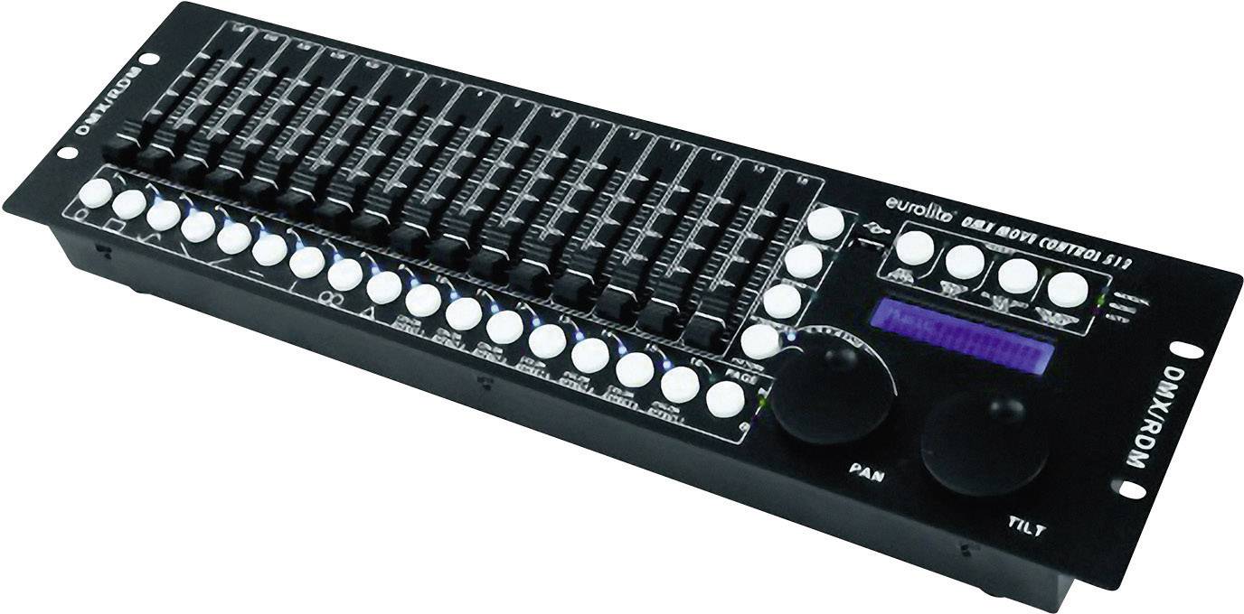 Világításvezérlő keverőpult csúszókkal és gombokkal, amelyen az 'Eurolite DMX Move Controller 512' felirat olvasható, színpadi vagy rendezvénytechnikai világítás irányítására.