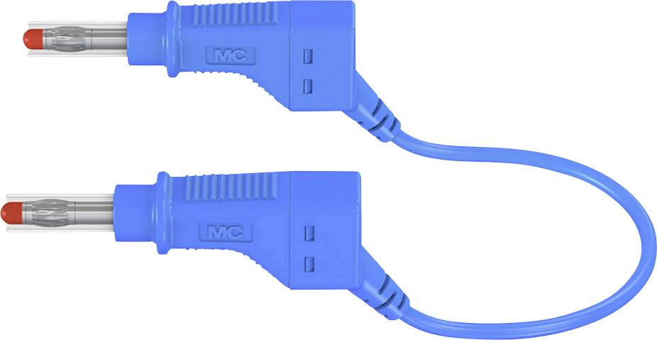 Két kék kábel, azonos csatlakozókkal mindkét végén; a kábel elektromos eszközök összekapcsolására szolgál.