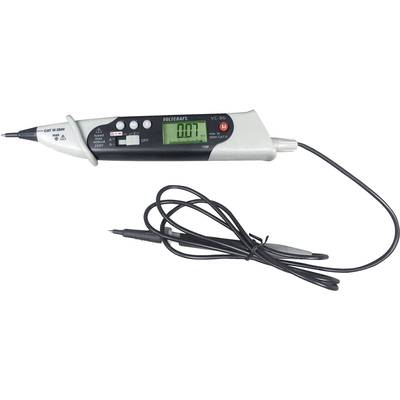 Digitális feszültségmérő, amely '0,0V' értéket mutat a kijelzőn. Fekete mérőszonda és kábel, alkalmas 250V AC/DC mérésére.