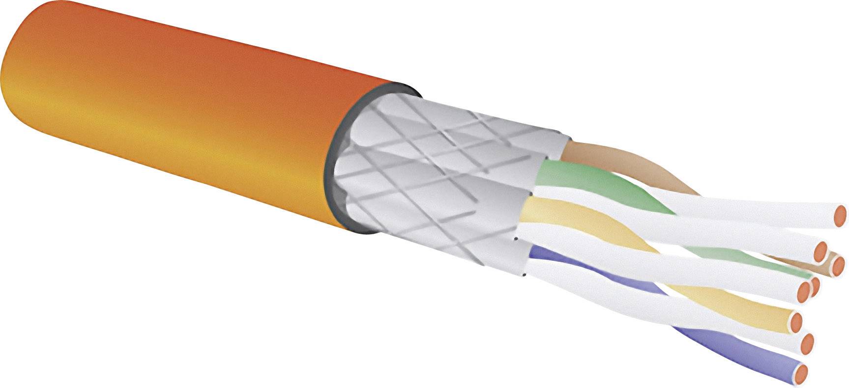 Egy narancssárga kábel nyitott végén, amelyből több sodrott vezetékpár lóg ki a szigetelésből.