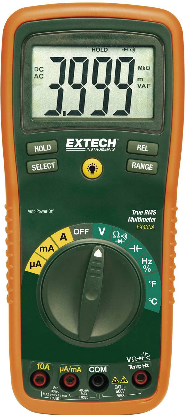 Digitális multiméter, True RMS mérőműszer, kitöltési tényező méréssel, ISO kalibrált, Extech EX430A TRMS