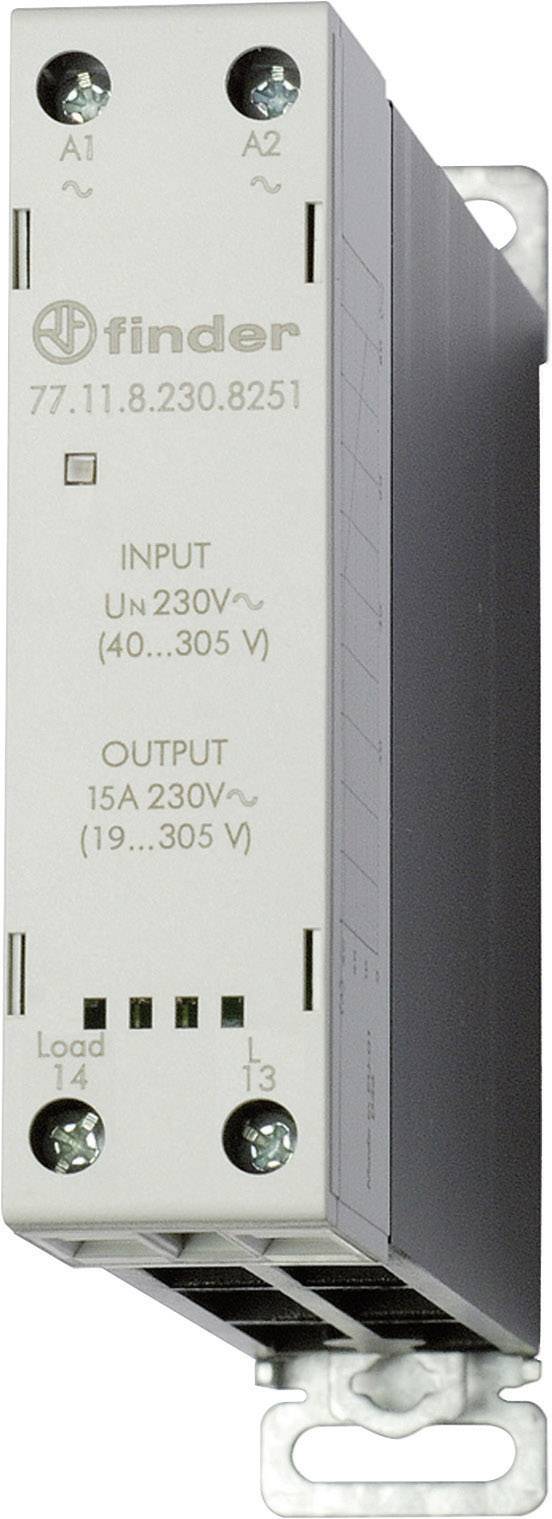 Fémes házas áramrelé modul, oldalról nézve. A felirat az elektromos specifikációk bemeneti és kimeneti adatait mutatja.