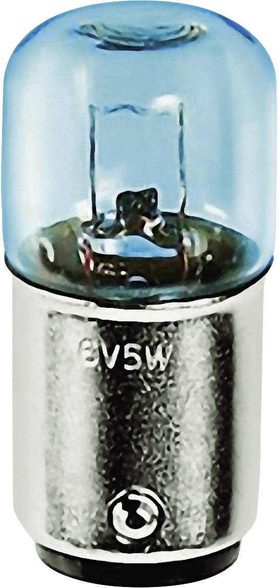 Fémfoglalatos izzólámpa kék üvegbúrával. A foglalatán '8V 5W' felirat látható.