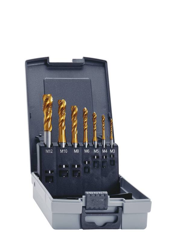 Eventus by Exact 11394 Maschinengewindebohrersatz M3-M12 HSSE TIN Sackloch KSBox Gépi menetfúró készlet 7 részes Metrikus M3, M4, M5, M6, M8, M10, M12 Jobb vágó DIN 371, DIN 376 HSS-E 35° RSP 1 készlet