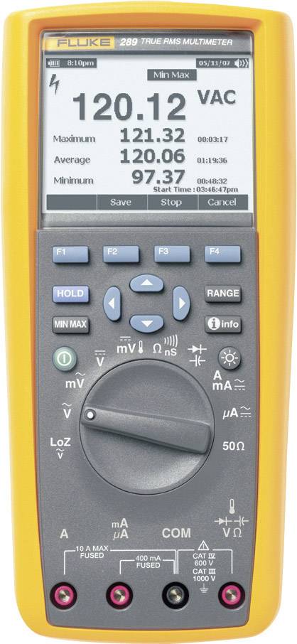 Egy digitális multiméter egy kijelzővel, amely 120,12 VAC-t mutat. Kezelőgombok a kijelző alatt. Jelölés: 'Fluke 289'.