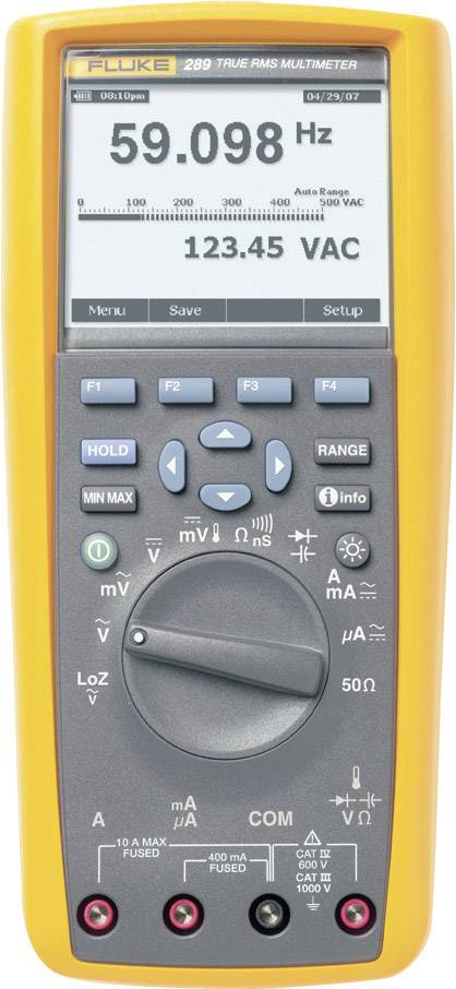 Egy digitális multiméter a képernyőjén '59,098 Hz' és '123,45 VAC' értékeket mutat. Több funkciógombbal és egy forgókapcsolóval rendelkezik.