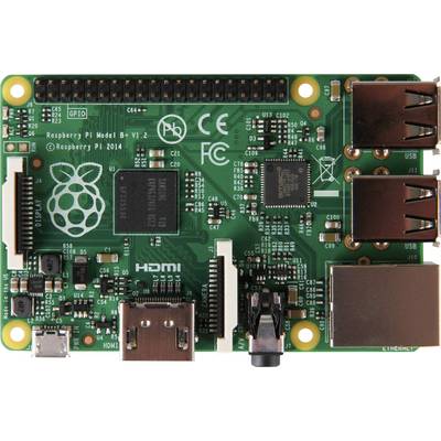 Egy Raspberry Pi Model B alaplap több csatlakozóval és komponenssel. A felső oldal a processzort, USB- és HDMI-portokat mutatja.