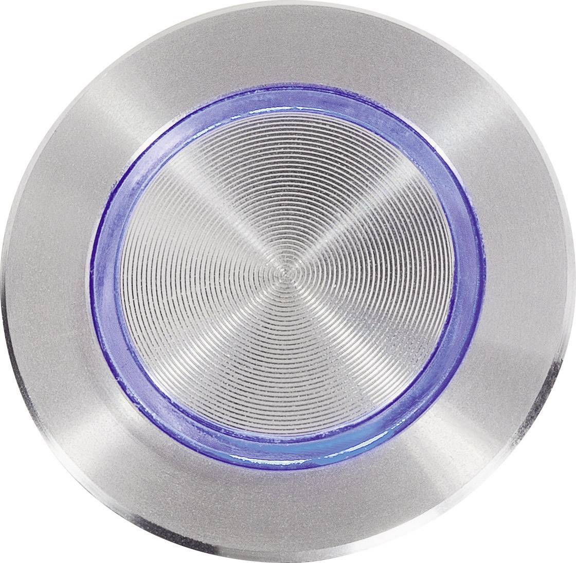 Fémszerű nyomógomb kék gyűrűs LED-fénnyel, köralakú kialakítással.