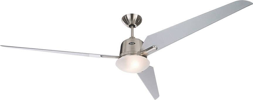 Mennyezeti ventilátor három hosszú, keskeny szárnnyal és egy modern fémhatású, központi, megvilágított házrésszel.