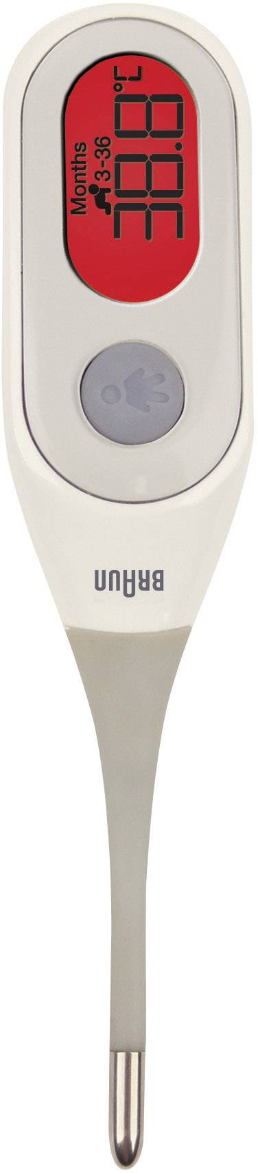 Digitális hőmérő piros kijelzővel, amely 38,8°C-ot mutat. Márkalogó a markolatán. Alkalmas testhőmérséklet mérésére.