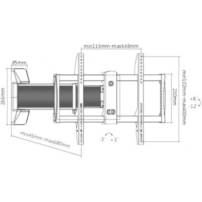 Műszaki rajz egy tartókonzolról méretekkel: szélesség 266 mm, magasság 230 mm. Állítható mélység és dőlésszög feltüntetve.