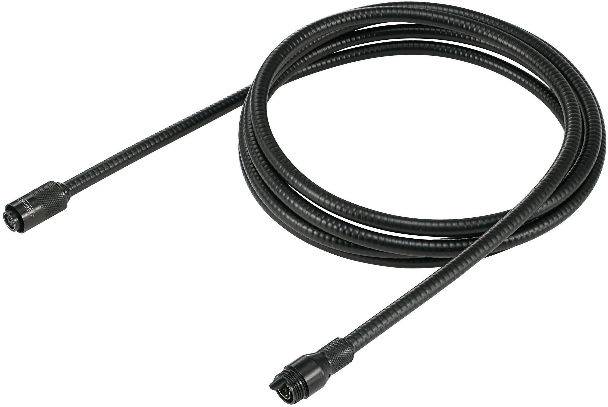 Egy fekete, spirál alakú kábelvédő cső csatlakozókkal mindkét végén, feltekerve ábrázolva; kábelek védelmére szolgál.