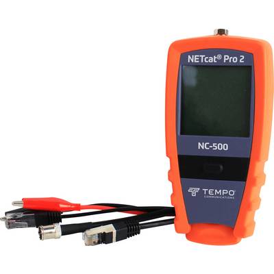 A Tempo Communications 'NETcat Pro 2 NC-500' hálózati tesztelő képernyővel és különböző csatlakozókábelekkel rendelkezik.