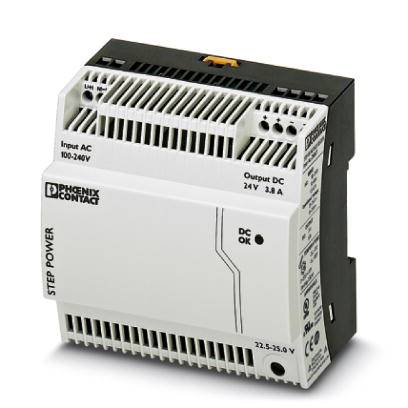 Tápegység 'Phoenix Contact' jelöléssel. Bemenet: 100-240V AC, Kimenet: 24V, 3.8A DC. Típusnév: Step Power.