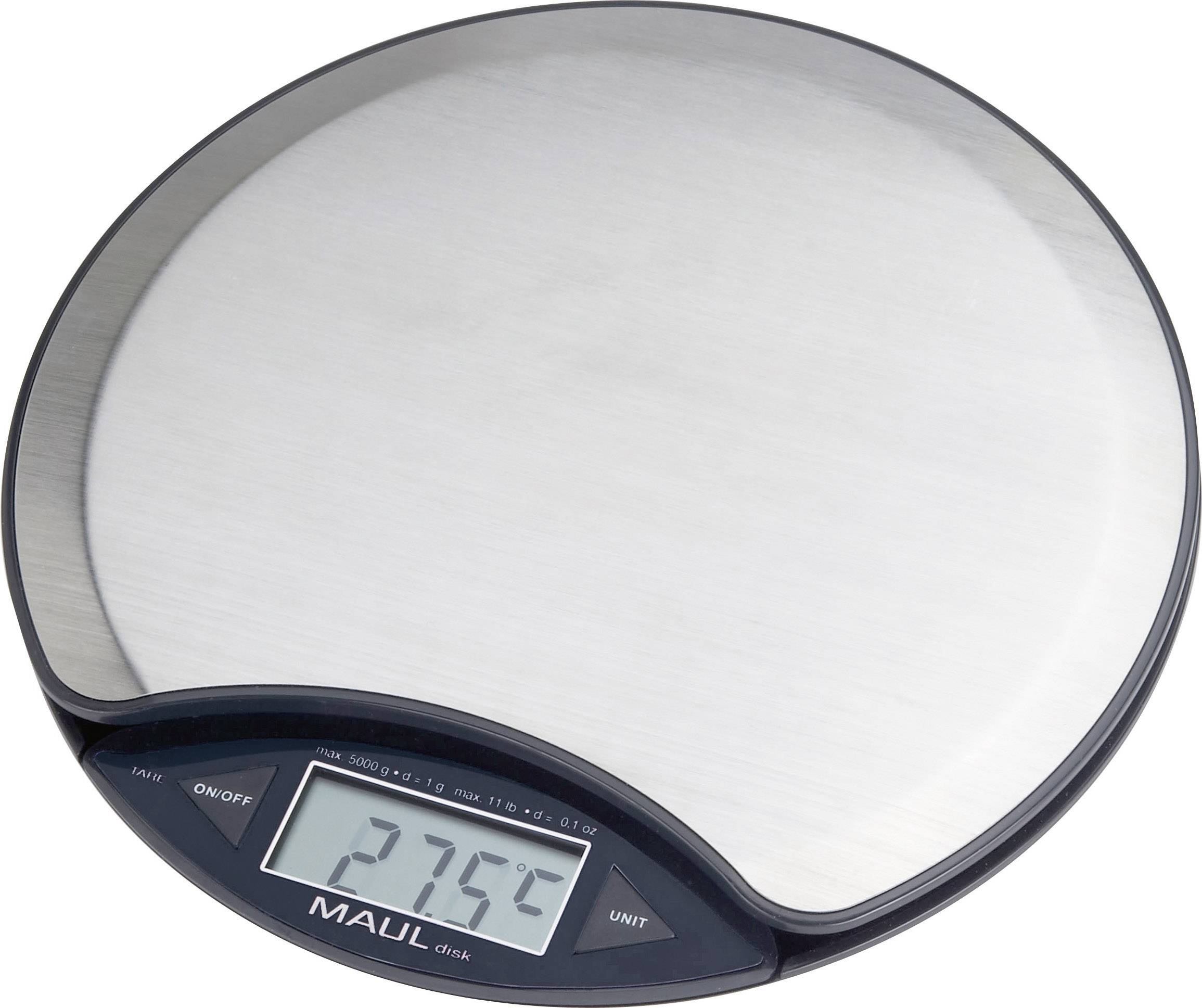Digitális konyhai mérleg kerek rozsdamentes acél mérőfelülettel és LCD-kijelzővel, amely '27,5°C'-ot mutat.