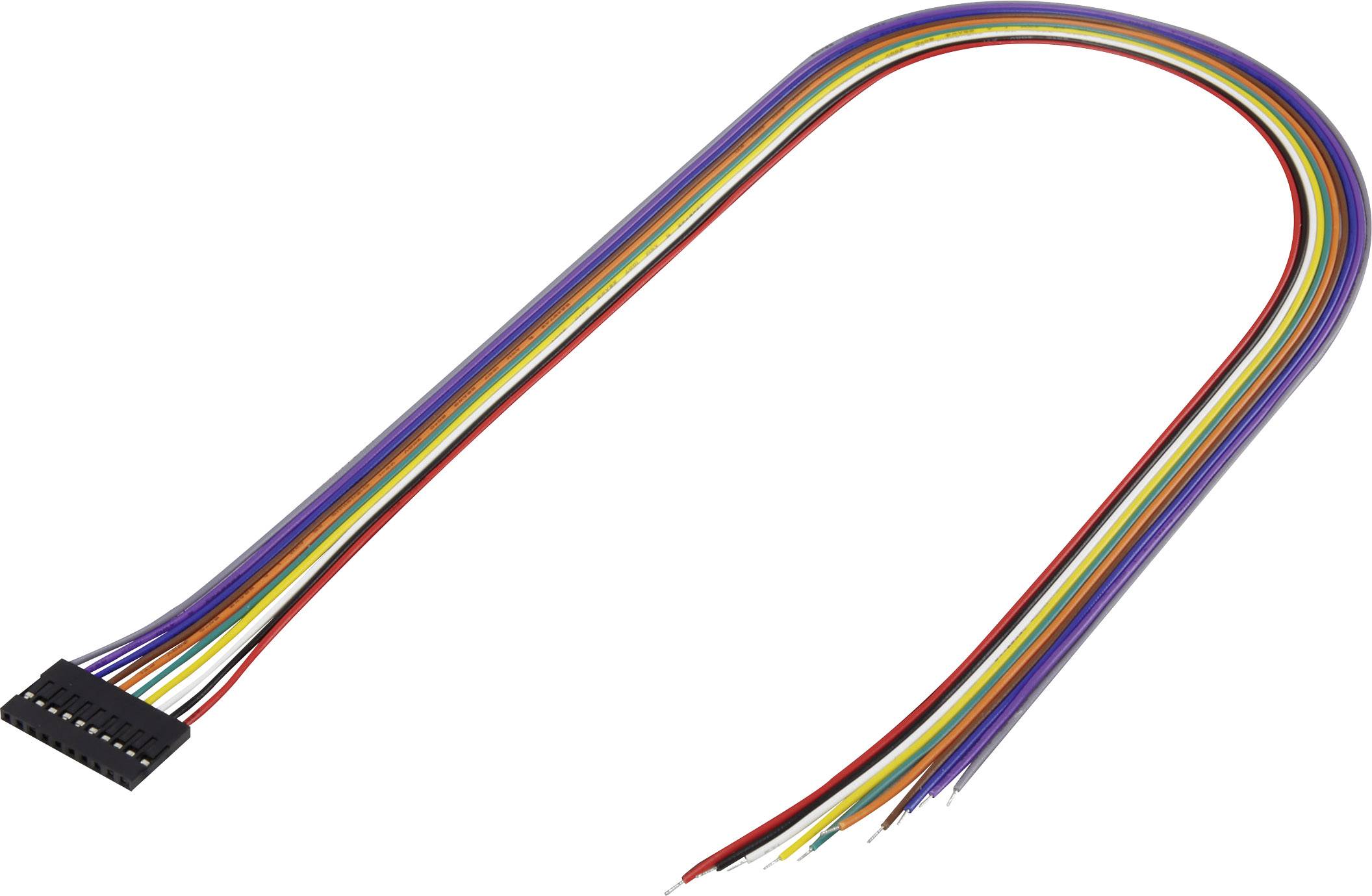 Tíz színes vezetékkel rendelkező lapos szalagkábel, amely egy fekete műanyag csatlakozóból indul ki.