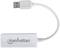 Egy fehér USB 3.0-s Ethernet-adapter a 'manhattan' márkanevével. Rövid kábeles csatlakozóval rendelkezik és hálózati kapcsolat létesítésére szolgál.