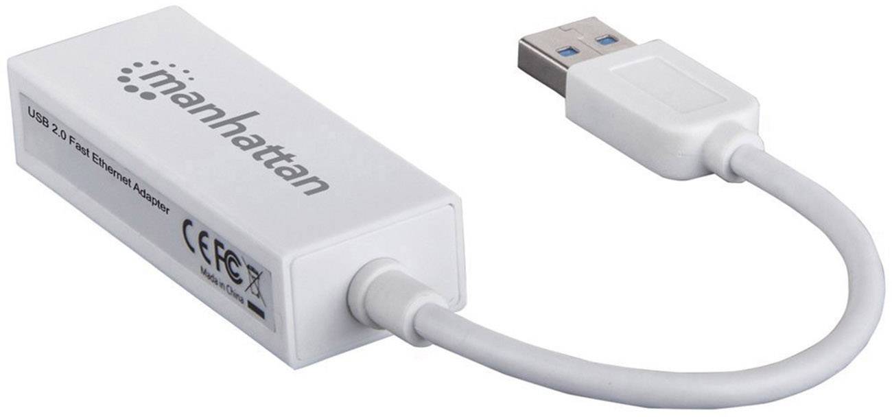 Egy fehér Manhattan márkájú USB 2.0-s Ethernet adapter szabványos USB csatlakozóval.