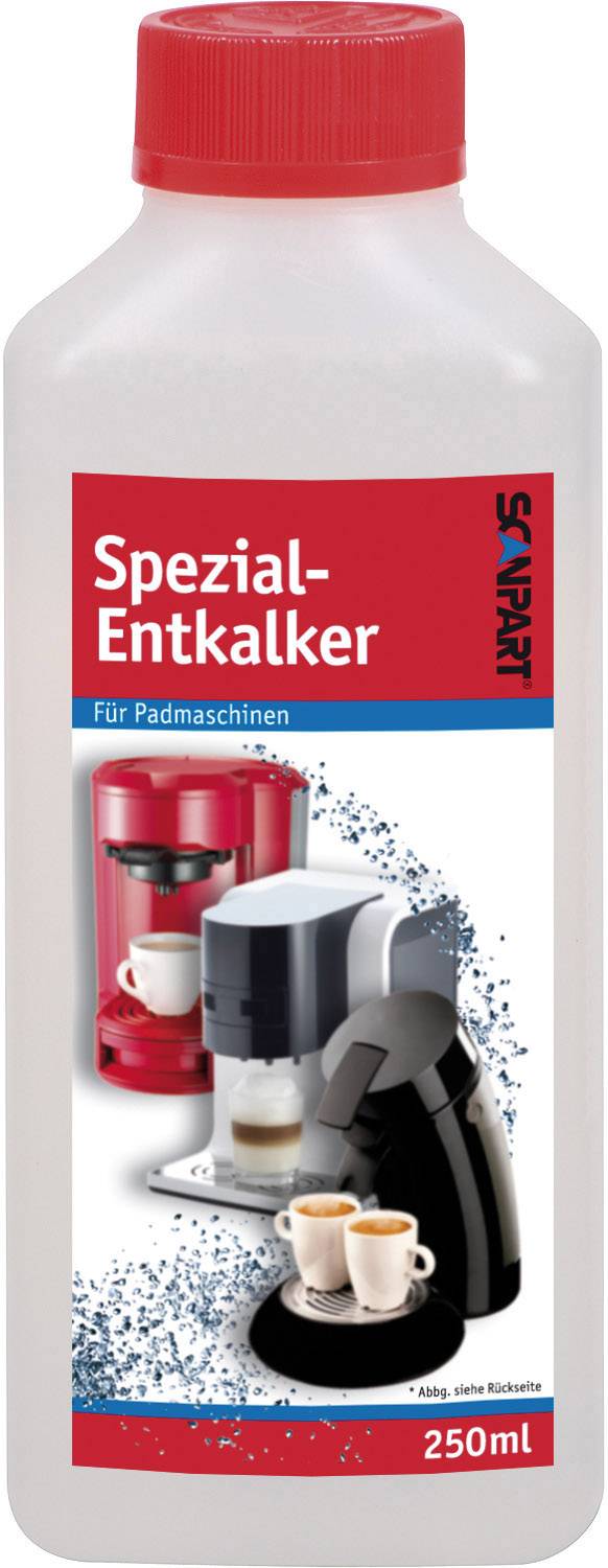250 ml-es speciális vízkőoldó palack kávégépekhez, alkalmas kávéfőzőkhöz. A csomagolás piros és fekete kávégépet ábrázol.