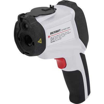 Infravörös hőmérő fekete és piros markolattal, hátoldalán felirattal. Modell: Voltcraft IR-1600 CAM.