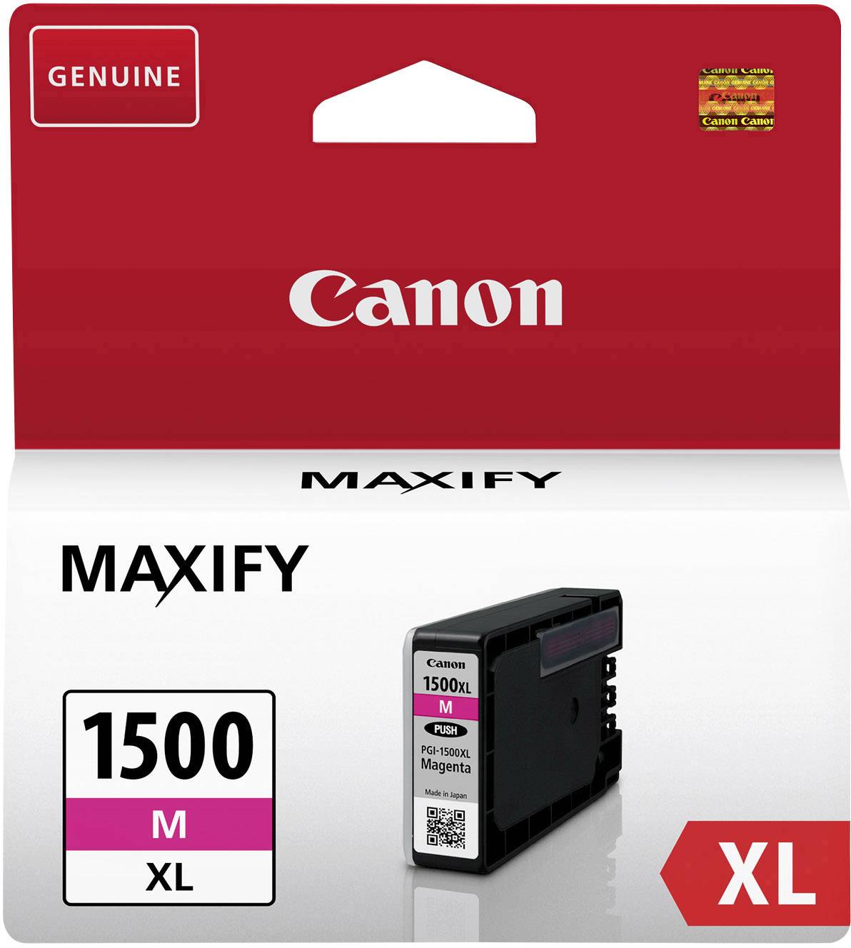 Eredeti Canon tintapatron Magenta XL MAXIFY nyomtatókhoz, 1500 nyomtatási kapacitással. A csomag tintapatront ábrázol.