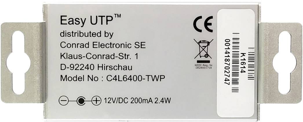 Egy Conrad Electronic SE által gyártott, 'Easy UTP' feliratú fémeszköz. Modell: C4L6400-TWP, 12V/DC 200mA 2.4W. Vonalkódot tartalmaz.