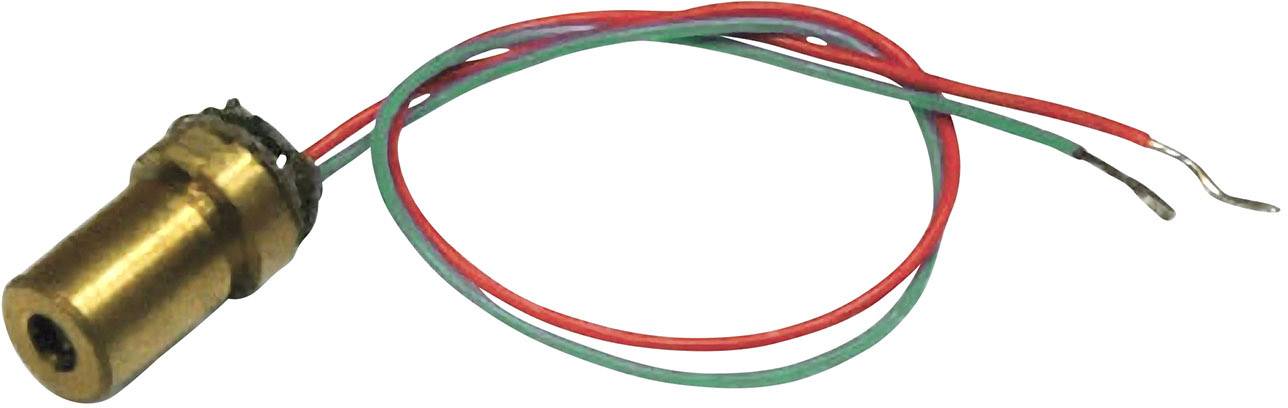 Egy kisméretű lézermodul három színű kábellel (piros, zöld, kék) elektromos csatlakoztatáshoz, műszaki alkalmazásokra tervezve.