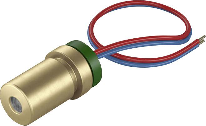 'Egy hengeres lézerdióda modul aranyozott fémházban piros és kék csatlakozó kábelekkel.'