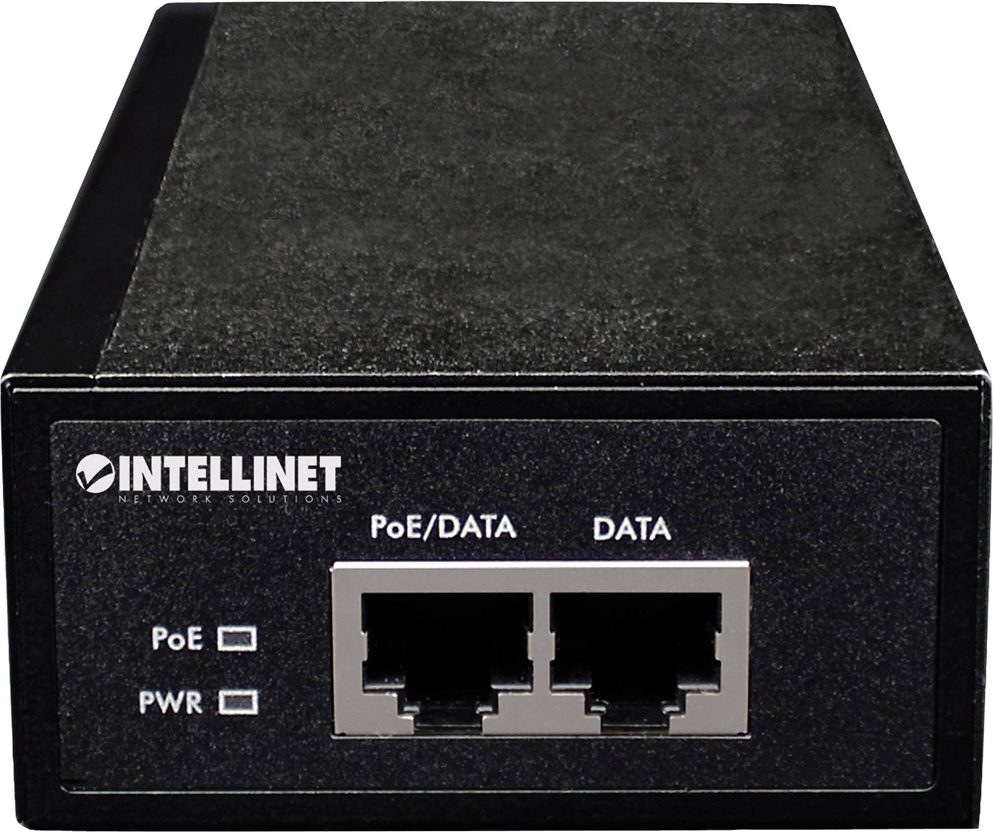Egy fekete Intellinet PoE-injektor két hálózati csatlakozóval, amelyek „PoE/DATA" és „DATA" felirattal vannak ellátva, teljesítményt és PoE-állapotot jelző LED-mutatókkal rendelkezik.