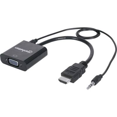 HDMI - VGA átalakító adapter, 1x HDMI dugó - 1x VGA, 3,5 mm-es jack aljzat, fekete, Manhattan