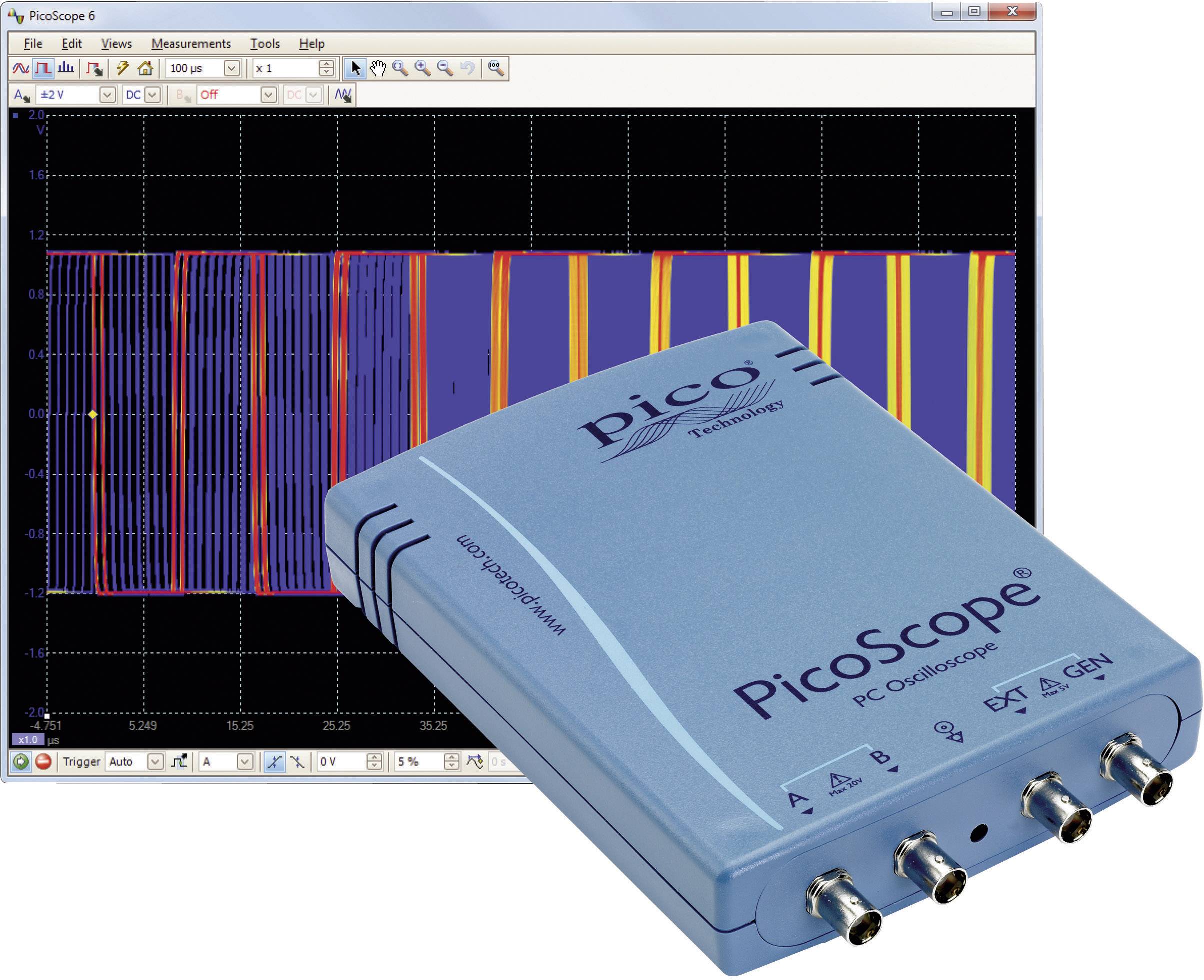 Pico Technology PP710 USB-s oszcilloszkóp Kalibráció (SCS akkreditált labor (SCS)) 100 MHz 2 csatornás 250 Msa/s 16 Mpts 8 bit Digitális memória (DSO), Függvénygenerátor, Spektrum analizátor 1 db