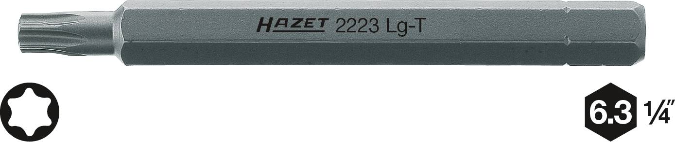 Hazet bit-kulcs, 2223 Lg-T típusszám, 6,3 mm (1/4 hüvelyk) csatlakozóval és illeszkedő Torx-csavar profilú kialakítással.