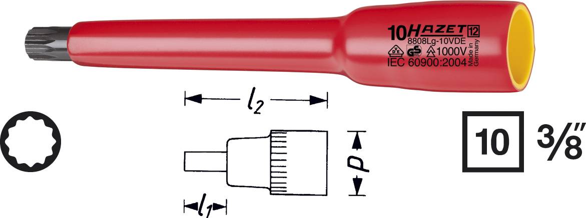 Hazet 8808LG-8KV 8808LG-8KV Sokszög (XZN) VDE dugókulcs betét 8 mm 3/8 (10 mm)