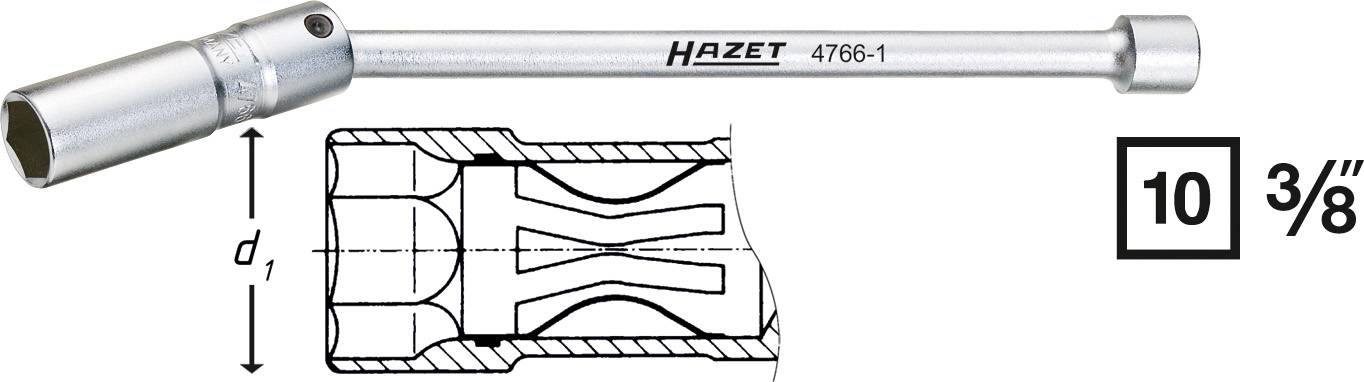 A dugókulcs műszaki specifikációja 'HAZET 4766-1'. Baloldalt egy műszaki rajz, jobboldalt '10 3/8'.