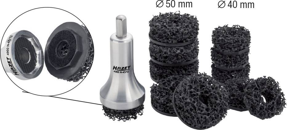 'HAZET 9033-10' csiszolókefe 50 mm és 40 mm átmérőjű korongokkal, alkalmas tisztításra és felületkezelésre.