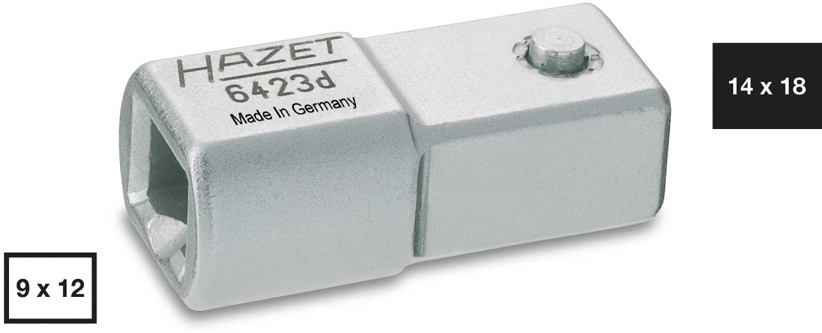 Egy HAZET adapter 'Made in Germany' felirattal, 9x12-ről 14x18 mm-re történő csatlakoztatáshoz, fémes ezüst színben, téglalap alakú.