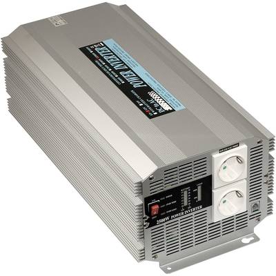 'Egy ezüstszínű inverter két aljzattal és egy kijelzővel az elején, amelyen a "Power Inverter 2500W" felirat látható.'
