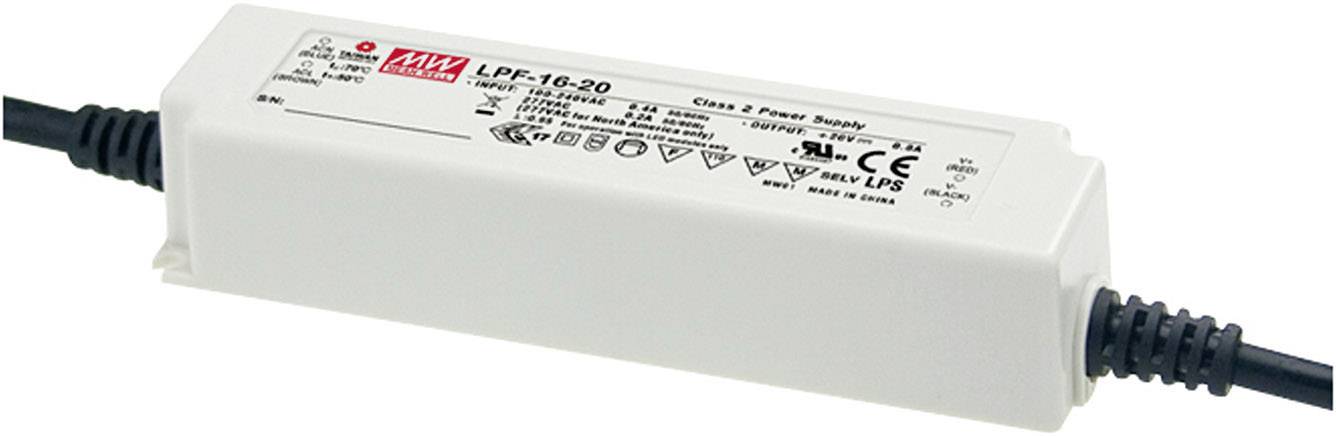 MEAN WELL LPF-16-20 LED meghajtó, LED transzformátor Állandó feszültségű, Állandó áramú 16 W 0.8 A 11 - 20 V/DC Fényerő-szabályozó nélkül, PFC-áramkör,