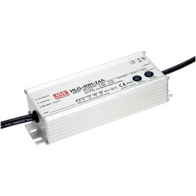 LED-meghajtó HLG-40H-24A modell a MEAN WELL-től, fémházas, vízálló IP65, elektromos adatok a felső oldalon találhatók.