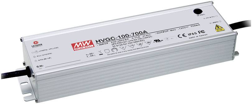 MEAN WELL HVGC-100-700A LED meghajtó Állandó áramú 99 W 0.7 A 15 - 142 V/DC Dimmelhető, PFC-áramkör, Túlterhelés elleni védelem, Bútorhoz alkalmas 1 db