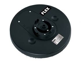 Egy kerek, fekete feltét a FLEX-től, valószínűleg egy elektromos készülékhez, felirattal és típustáblával a felületén.