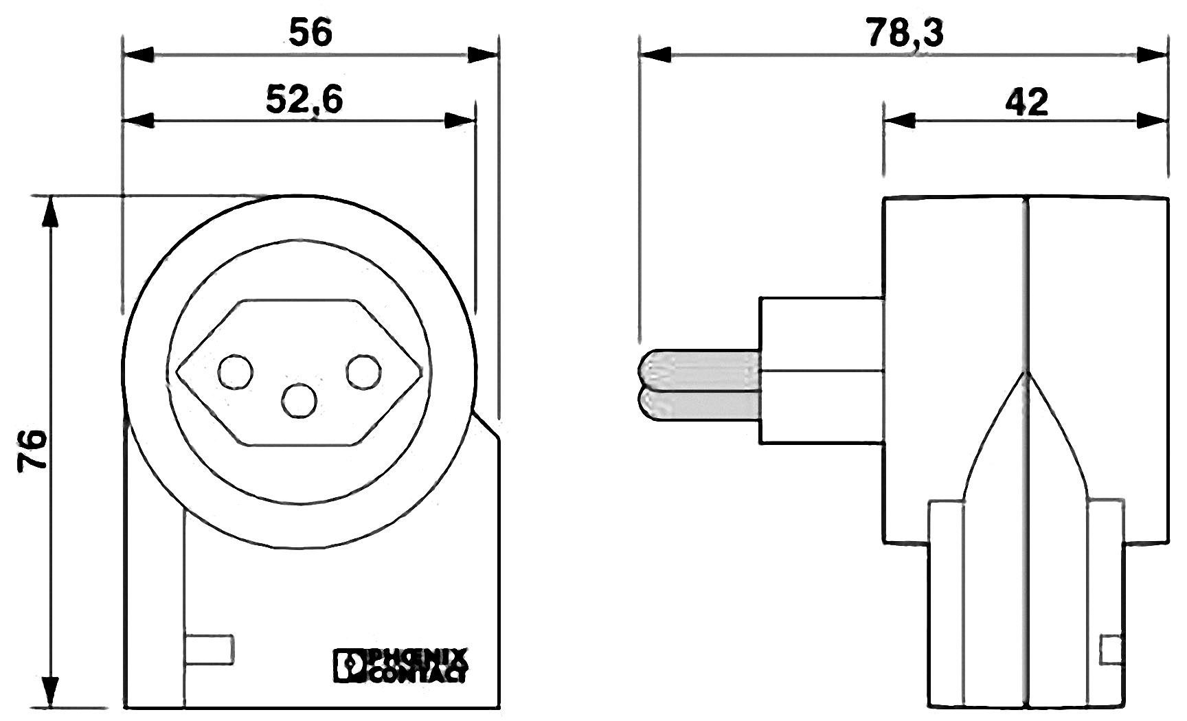 Műszaki rajz egy csatlakozóról méretekkel: magasság 76 mm, szélesség 56 mm, mélység 78,3 mm. Oldal- és elölnézet.