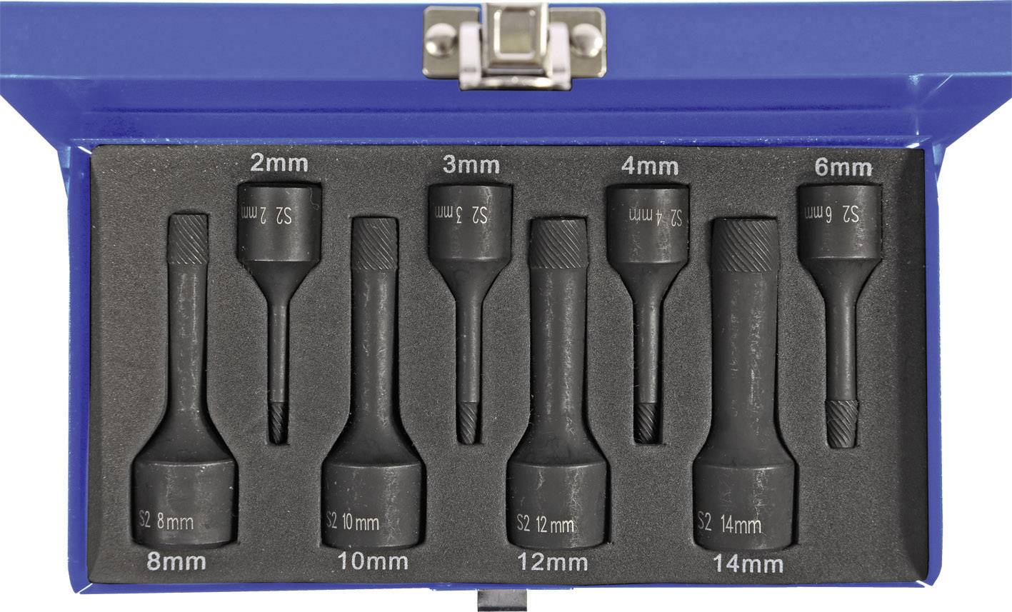 Egy hatszögletű dugókulcs készlet kék tokban, 2 mm-től 14 mm-ig terjedő méretekkel, rendezetten habszivacs betétben elhelyezve.