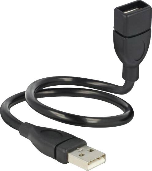 Fekete USB hosszabbító kábel férfi és női csatlakozóval, fehér háttéren hurokba tekeredve.