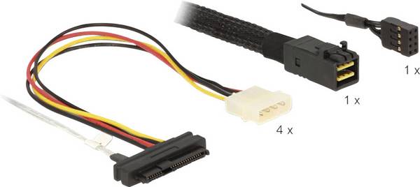 Delock Merevlemez Csatlakozókábel [1x Mini SAS dugó (SFF 8643) - 4x SAS alj (SFF-8482), Molex 4 pólusú alj] 1.00 m Fekete, Fehér