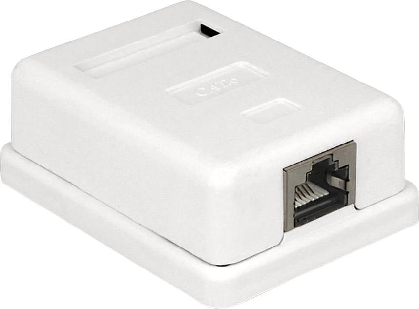 Fehér hálózati aljzat RJ45 csatlakozóval, irodai vagy lakókörnyezetben fali szerelésre alkalmas.