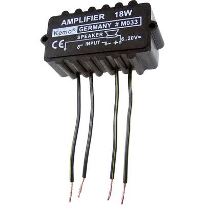 Egy fekete, téglalap alakú erősítőmodul, amelyen a 'AMPLIFIER 18W Kemo Germany M033' felirat olvasható, és három kiálló kábellel rendelkezik.