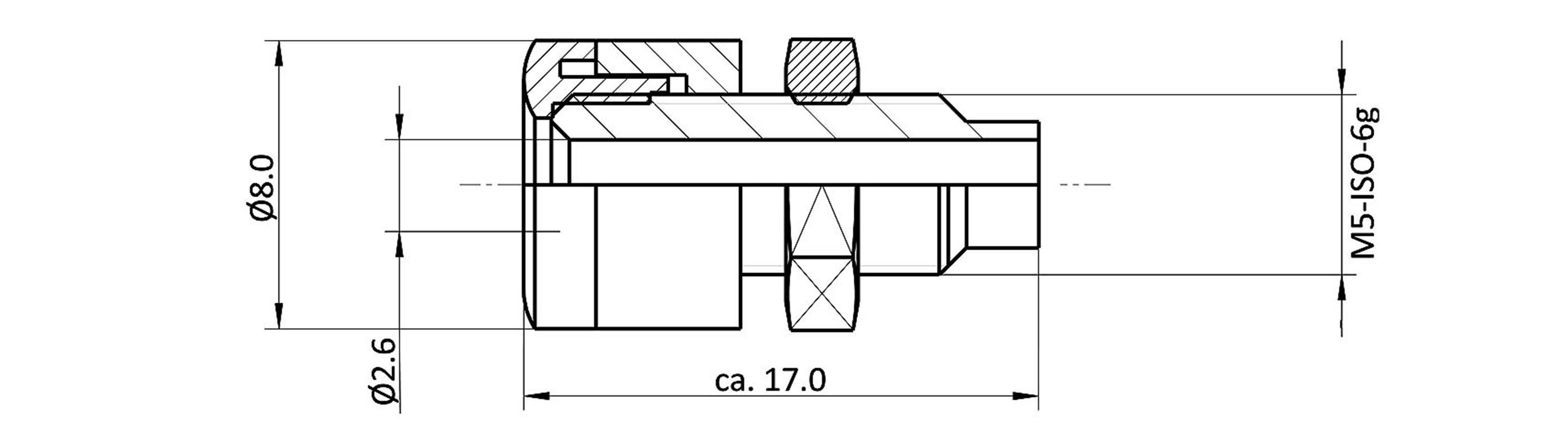 Egy mechanikai alkatrész műszaki rajza több mérettel: átmérő ø8,0, ø2,6, hosszúság kb. 17,0, menet M5-ISO-6g.