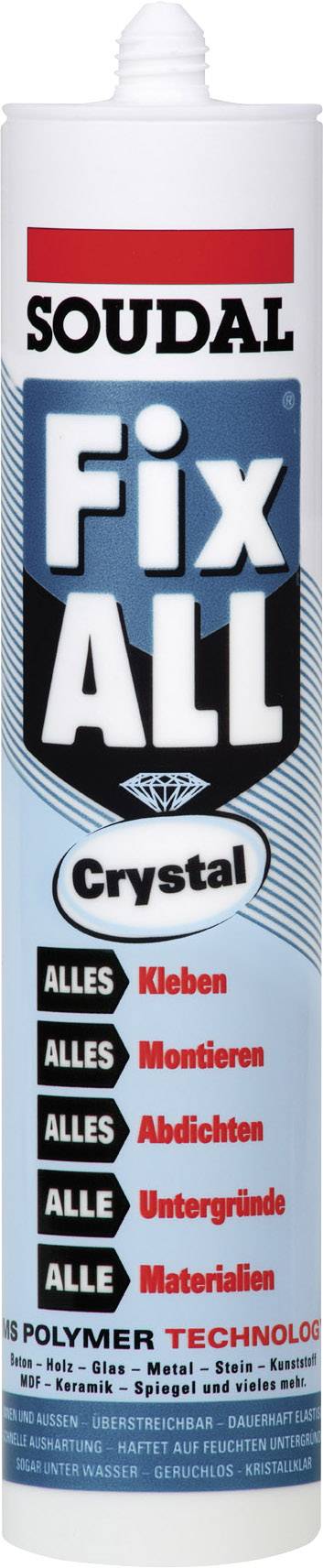 Soudal Fix All Crystal: Kristálytiszta, gyorsan száradó ragasztó és tömítő minden anyaghoz. Sokoldalúan használható ragasztáshoz, szereléshez, tömítéshez.
