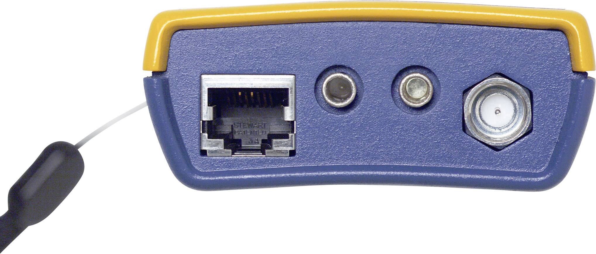 Egy kék elektronikai eszköz sárga szegéllyel és több csatlakozóval: Ethernet, kerek csatlakozó és hatszögletű csatlakozóaljzat.